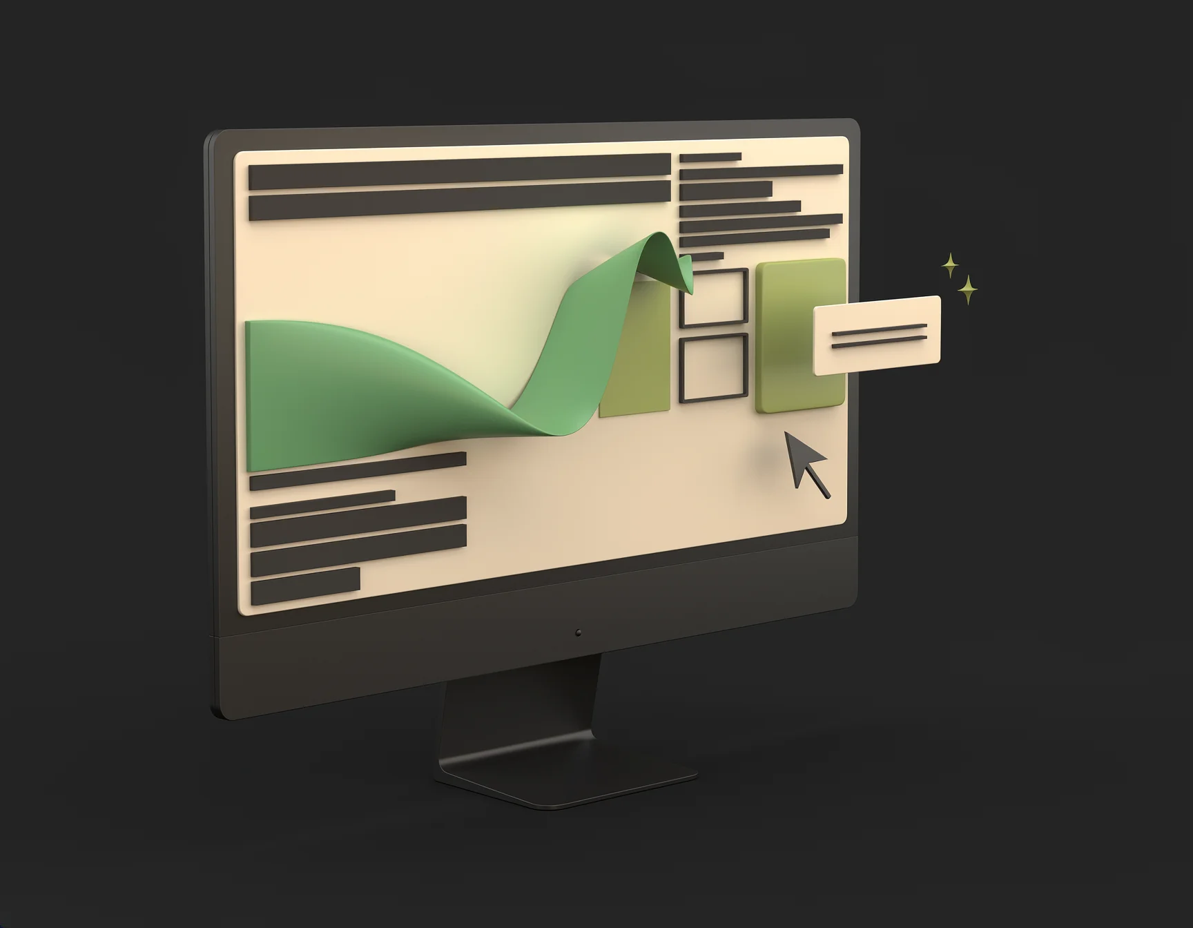 Illustration eines Monitors mit Website-Entwurf, grünem Designmotiv und KI-Kreativsymbolen
