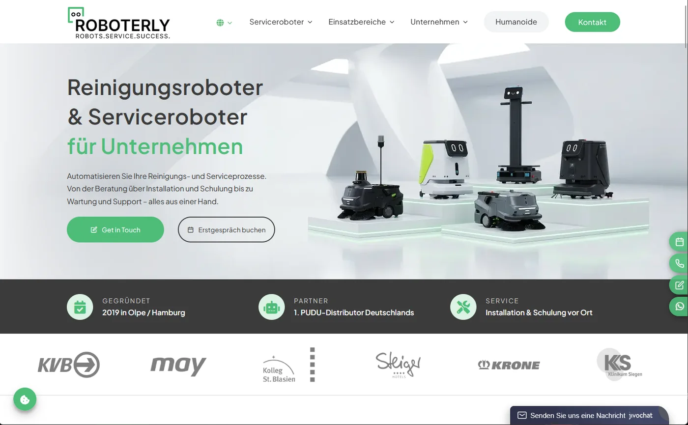 Roboterly-Website mit Marios KI-Visualisierung der Service-Roboter auf Podesten